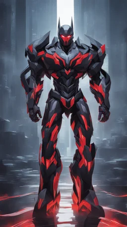 A close picture to Mix between transformers and batman and symbiote venom in solo leveling shadow art style with red details detailsis in fantasy world