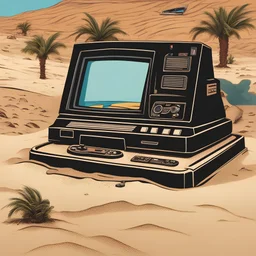 console Mega drive géante abandonner dans le dessert a moitié enterré dans le sable, ambiance retro