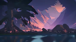 Stylized image of a forest, near a serene lake and mountains in the background at sunrise