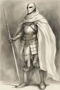 Knight wearing white robes and white cape with white mask, holding a spear