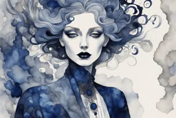 Aesthetic Symbolism ink wash and watercolor illustration, full head on image, Tilda Swinton vampire girl, Abstract, asymmetric, accent colors pale grey and midnight blue, antique marbled paper background, in the style of Aubrey Beardsley and Gustav Klimt