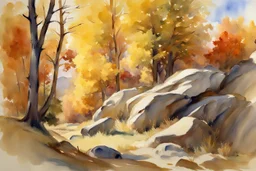 Sunny day, autumn trees, rocks, fantasy, mountains, epic, john singer sargent watercolor paintings