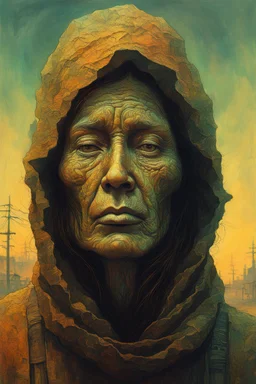 A surreal homeless female wander with highly detailed facial features in the style of Zdzislaw Beksinski, light luminous colors and otherworldly dystopian aesthetic.