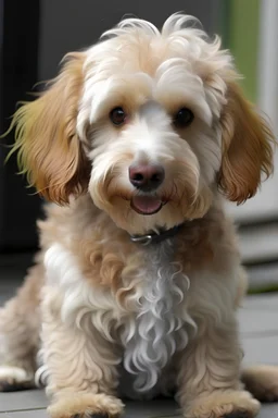 un perro con pelaje collor marron claro y blanco, con forma de ondas y rulos, tamaño mediano, y de edad adulta