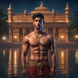 Hyper Realistic handsome Young shirtless muscular short hair Indian king with wet chest standing in a lake outside traditionally beautiful Indian palace at night