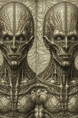 The full body of strange face on an old men , a thin line draw ، Siamese brothers with one body of two heads , front view camera, decayed and rotting with grotesque proportions and imagery. surreal horror, biomechanical design, by hr giger and beksinski , fine lines draw
