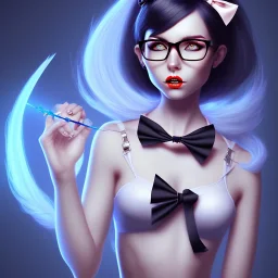 demon with black hair and blue bow short glasses girl