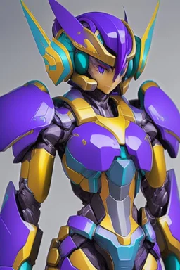 One Genderless Cyborg made of metal, has a human like face with a really long violet ponytail, the armor is similar to Omega from Megaman. The color palatte of the armour is deep purple and yellow. They are not wearing a Helmet, and have Turquoise colured eyes.