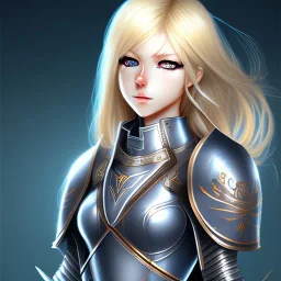 blond anime girl with dark blue eyes, wearing armor, full body view