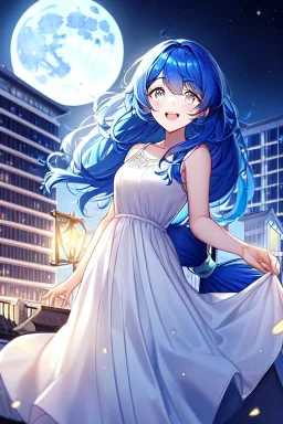 girl, masterpiece, best quality, cinematic lighting, detailed outfit, vibrant colors, perfect eyes, blue hair, long hair, white eyes, low tied hair, messy hair, white dress, night sky, rooftop, town, sparkle, laughing, moon,