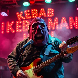 a very fat swedish man, with a mask with only a hole for the mouth, he is called "KEBAB MAN" performing at rock club, his name is "KEBAB MAN" kebab rolls On stage, kebab Neon lights and smog, and "KEBAB MAN" big sign on the wall, he singing with mic, text in swedish! no translate mr. stable ai, text in swedish! no translate mr. stable ai, text in swedish! no translate mr. stable ai
