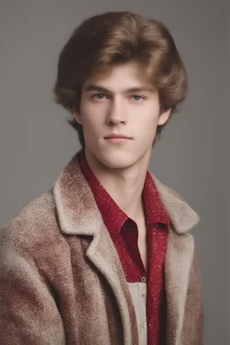 1980's yearbook photo, teenager, Chris Kringle aka Santa Claus, 14 years old, brown hair, 1980's hairstyle and clothes, photorealistic, --ar 9:16 --style raw