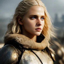 Photorealistic close-up of a beautiful blonde warrior with dystopian clothes and background