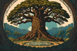 museum quality color woodcut of Yggdrasil, towering over a circle of ancient Druidic standing stones, in the style of Gustave Baumann, with a fine art aesthetic, highly detailed, finely cut ,8k render