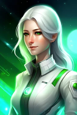 beautifull woman starship commander, white jumpsuit bright galaxy, white hairs, leader galactic, guardian of galaxy, master angel light coordinator, chef leader, white clear spaceship, light warior chief, very clear green eyes, angel