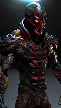 a hyper details texturing of fullbody the skin realistic textures skin ichigo like venom masked.bcomplex details, extremely, ultra rendering, motif zombies. He is standing admist darkness realms floors