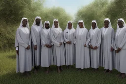gruppo di belle suore africane con tunica grigia giornata di sole precipizio fuori città , terra