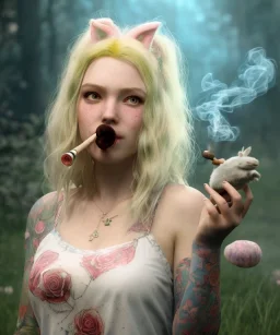 Ultra realistic wonderland photo, happy blonde woman smoking a pipe, blue dress, white rabbit pet, circus dress style, old school tattoo, smoke, marijuana garden, glow eyes, perfect iris, soft color, highly detailed, unreal engine 5, ray tracing, RTX, lumen lighting, ultra detail, volumetric lighting, high definition.