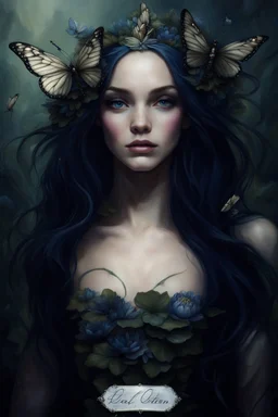 Blue Water lilies Dark blue long hair Dark Fairy princess rapunzel hair queen crown butterflies dragonflies fireflies elven tiara flowers fairy wings saphire