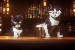 Two beautiful cats in a bar, high-quality, fine-detail, intricate, digital art, detailed matte, volumetric lighting, dynamic lighting, 3D octane render, Marc Adamus, Ann Prochilo, Romain Veillon,