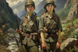 Japanese 1920 oil painting FEDRA from TLOU and the CRM from TWD but as Vietnam soldiers in the mountains