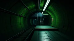 GAME CONCEPT ART .two poin perspective.Station platform and stairs from side .photograph inside of hole .very big ambient.gient station.Inside the old subway tracks, . Low light and closed green moss walls. Like the original design of the game space ,digital art.landscape,far camera old painting,2 Chen and George Hopper, Rembrandt lighting, a dark green color scheme, . --ar 13:16 --v 6. 0 metro game