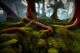 GIGANTIC SANDSTONE TERRAIN,TUNDRA TORNADO,MOSSY FOREST ROOTS,ROTTEN TREE STUMP, unity engine, bloom,cinematic lighting,blue tone, octane render.