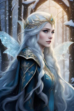 Ice elven princess,rapunzel hair,light blue gold hair,very long hair,elven crown,elven ears,golden armor,ice crystals,ice flowers,frozen ice ivy,snow,snowing,beautiful,sparkle,glitter,icy dragonflies,perfect hands,thick wavy long hair,beautiful eyes long lashes,snowing