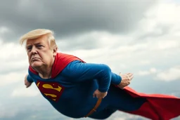 a thoroughly confused, frail, elderly and obese donald trump flying through the air dressed as superman