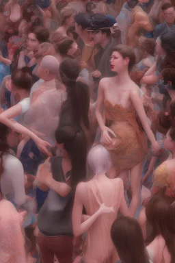 Two woman catches each others eyes in a crowd full of people. The attraction is overwhelming. Chaos50 with 8k high resolution