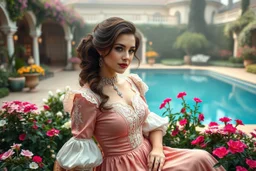 a luxury villa yard with pool in center and pretty plants trees flowers, morning mist, lost paradise atmosphere,a pretty model lady in victorian clothingresting in a comfort next to pool side in flowers to camera that capture closeup full body shot of her majesty.