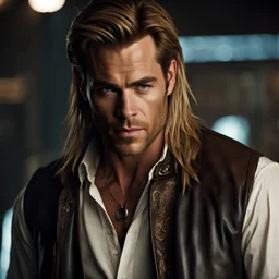 chris pine as handsome warrior king, muscular, long blonde hair, male age 30, wearing jeans and a white button-up shirt, tan skin, tattoos, photorealistic 4k dark fantasy