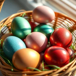 digital photograph of modern basket colorful Easter eggs. eggs display in azure, emerald, blush,red, crimson,gold, sapphire,metallic cinematic HDR backlighting highlights subtle dimples and glossy reflections, with shallow depth of field softening the sunlit background. hyperrealistic 8k resolution,