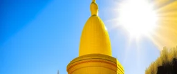 A yellow spire with sunlight designed in ancient Egyptian architectures and sculptures painted by Georges Seurat