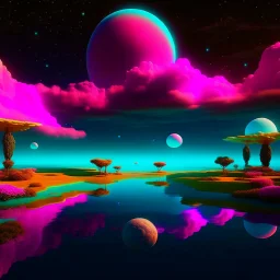 image of a surreal, otherworldly landscape with floating islands, bioluminescent plants, and a sky filled with multiple moons and vivid colors."pool."pool."nightlife."clouds."overhead."and pink."