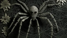 A gray shadow elemental spider designed in Javanese shadow puppets painted by Georges Seurat