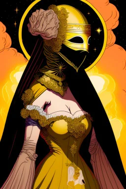 Planet Venus portrayed as a beautiful masked woman wearing medieval robes, her mask is smooth, her sihlouette is engulfed in sulfuric vapor and translucid fire, none of her skin can be seen