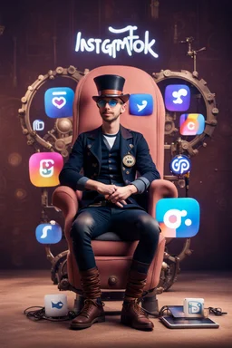 create Disny Pixar photo of a man sitting on a logo chair of a social media logo "instagramm". wearing Steampunk clothes. The background is mockup of hertiktok profile page with a profile name and a profile picture same as character. soft reflection on the ground