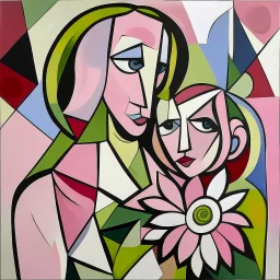 piccasso cubism pink woman and child with flower