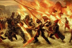 Priest smites demon with fire, armies battling in the background, romanticism.