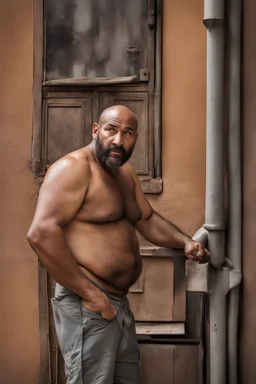 close up photography of an ugly 40 year old stocky big robust burly marocan homeless, wearing his work pants, shirtless, leaning with his back on the wall, crossing arms, dirty, sweat, wet, ajar mouth, hairy chest, , very virile, short beard, shaved hair,, , in a sunny street, photorealistic , frontal view from the ground