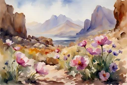 Sunny day, flowers, mountains, rocky land, fantasy, sci-fi, john singer sargent watercolor paintings