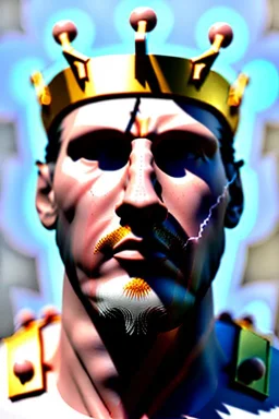 Ultra Realistic image, Roman sculpture, white marble material, Lionel Messi, gold crown of natural thorns, god crown, Miguel Angel style, sun rays background, waist up portrait, epic, celestial, cinematic lighting, God lights, 4k resolution, smooth details, soft lighting, unreal engine 5, art station, substance 3d.