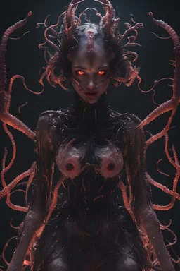 Demon girl, fullbody, creepy, horrifying, sinister, many worms parasite creature connected to the head, sparks around her, sparks cybernetic, intricate, 8k, macro photography,