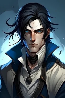 Make a man, an assassin with piercing blue eyes. Short raven black hair that writhes under extreme emotion. Wearing white pirate's coat with a smirk on his lips