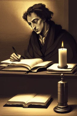 [Spinoza reading at a desk] As Spinoza sat at his desk, the gentle glow of candlelight flickered, casting mesmerizing shadows on his weathered face. His eyes, deep pools of contemplation, gazed thoughtfully at the pages before him, revealing the intensity of his intellectual pursuit. The room was a sanctuary of solitude, allowing him to immerse himself in the realm of metaphysical thought. Spinoza's high forehead, crowned by thick, unruly hair that fell slightly over his brows, accentuated his