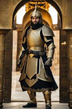 Full body photography,front_view,militan islamic looking at viewer,traditional dress ornaments mechanical_armor,intricate armor, delicate golden filigree, intricate filigree, black metalic parts, detailed part,desert background, dynamic lighting