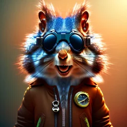 Squirrel toddler, smile, steampunk headphone, sunglass, gangsta neckless, full body, orange puffer jacket, tokio background, dramatic lighting, hyper realistic, unreal engine 5, 16k