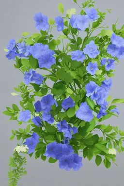 a bunch of blue flowers with green leaves, a digital rendering by Kanzan Shimomura, cgsociety, photorealism, rendered in maya, daz3d, photorealistic