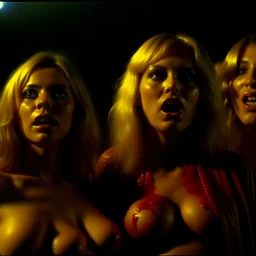 Horror movie shot, ultra realistic, hot wasteland, ultra realistic hot blonde women, hot party, pieces of meat, they enjoy, organs, ail, dynamic, very excited hot people, hypermaximalist figures, light, 1970's Italian horror movie, sinister,, Dario Argento, Stanley Kubrik, ornate, 4k, photorealism